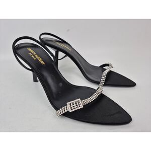 Saint Laurent Women's Black Rendez-vous Satin Crepe Crystal Sandals Size 38.5